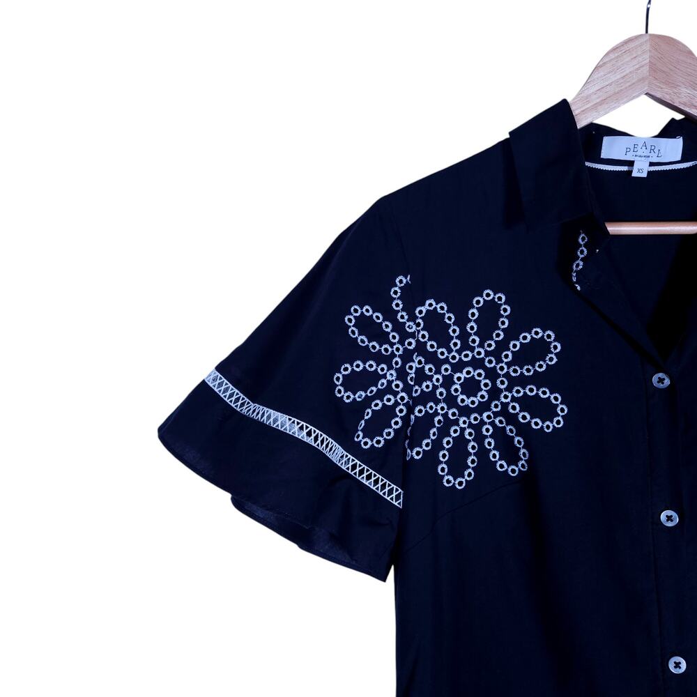 Pearl by Lela Rose Womens Dress XS Black Embroidered Ruffle Hem Boho Cottagecore - Picture 3 of 13
